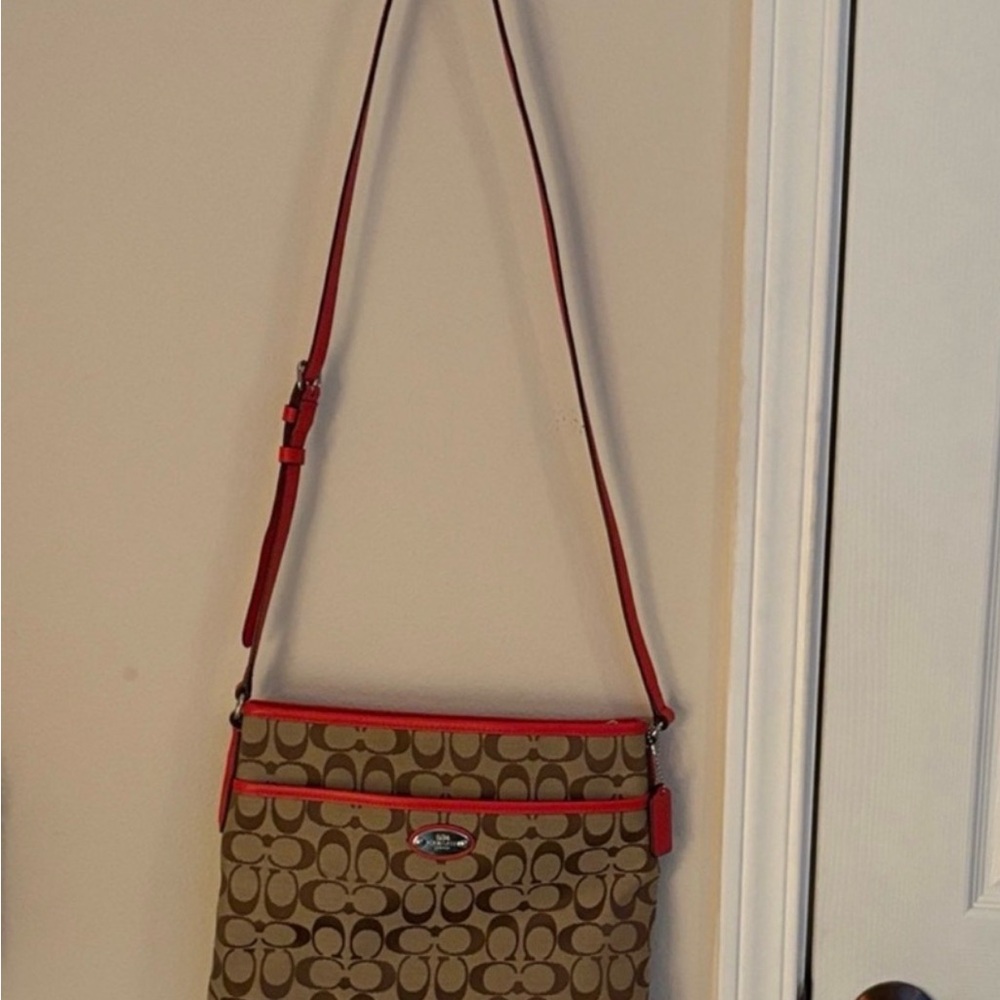Coach Tan and Red Signature Crossbody Bag - Picture 2 of 7